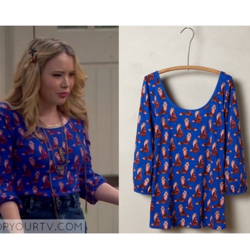 ANTHROPOLOGIE Forest Fete Novelty Fox Print 3/4 Sleeve Top Blue M As Seen On TV
